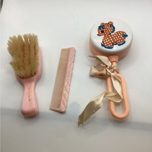 Prophylactic Vintage Baby Pink Brush, Comb and Rattle Set